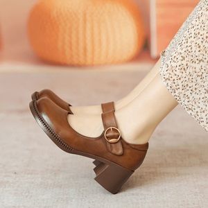 Handmade Leather Pumps Mary Jane Heels Round Toe